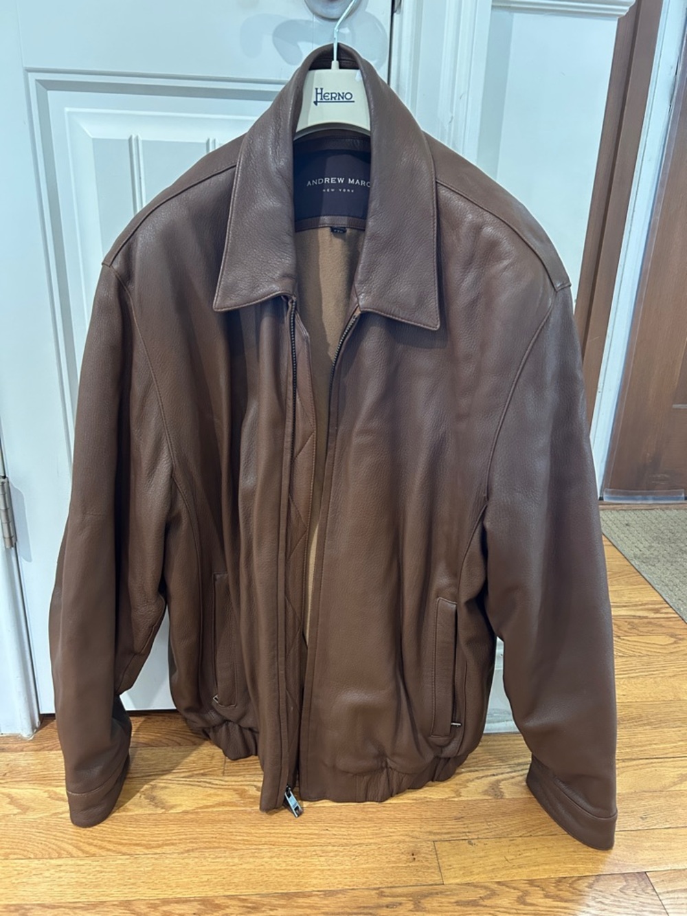 Andrew Marc Brown Leather Bomber Jacket with Collar